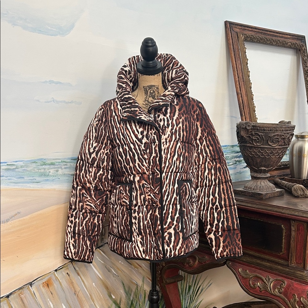 Maje Brown and White Animal Print Puffer Jacket